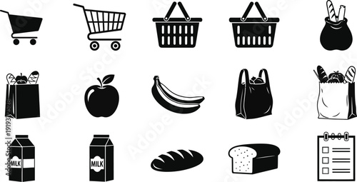 Black icons depicting shopping items including groceries fruits and milk silhouette