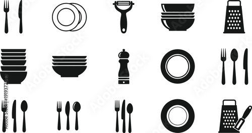 Black flatware and dishware set displayed against a white background silhouette