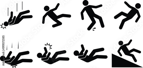 Various illustrations of people falling and slipping on different surfaces