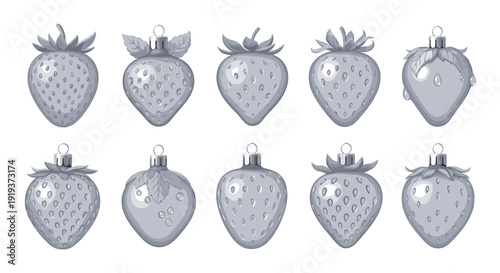 Collection of nine silver strawberry christmas ornaments with caps