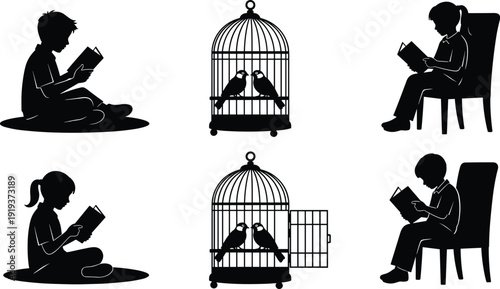 Children reading books with birdcage silhouettes, kids education and imagination concept, black vector illustration isolated on white background