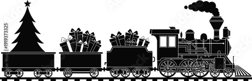 Christmas train silhouette with gifts and tree, vintage steam locomotive holiday vector illustration isolated on white background