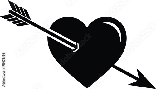 A silhouette of a classic heart shape pierced by a cupid's arrow, a clean white background