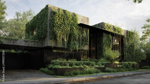 Modern house covered in greenery surrounded by lush landscaping  