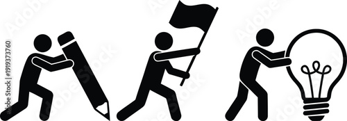 Illustration of three figures representing creativity and innovation processes.