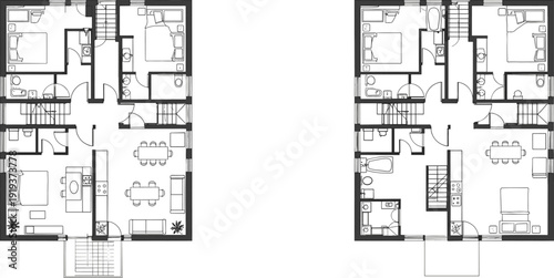 Detailed duplex house floor plan with labeled bedrooms, bathrooms, kitchen, dining areas, and living rooms for architectural and real estate design projects.