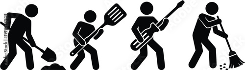 Evolution of human tools from primitive to modern times depicted in silhouette