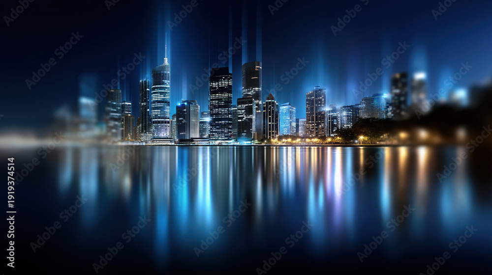 Fototapeta premium City skyline reflected in water at night with bright lights