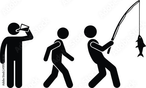 A sequence of stick figures demonstrating the process of catching a fish