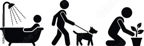Illustrations of daily routines involving personal care, pet care, and plant care.