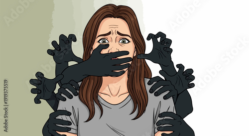 Frightened woman with dark hands covering her mouth and grabbing her body, depicting concepts of fear, abuse, and suppression. Vector illustration isolated on a white background.