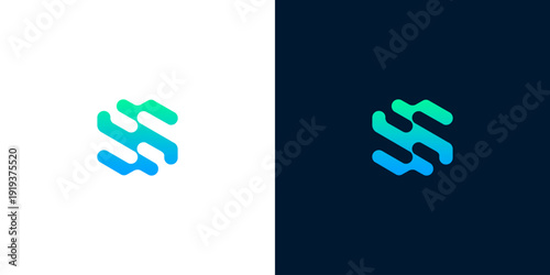 Modern abstract geometric logo design with gradient blue and green colors on white and dark backgrounds for technology or business branding concepts