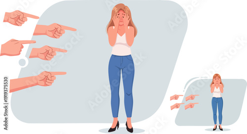 Woman experiencing public shaming and bullying, with multiple hands pointing fingers at her, illustrating feelings of fear, anxiety, and social pressure. Created in a flat vector style with a