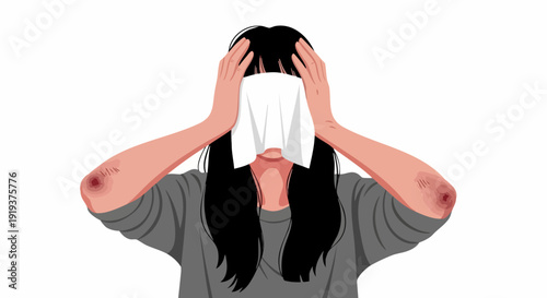 Woman experiencing a headache or migraine, holding a white cloth to her forehead, with hands gripping her head, isolated on a white background. Vector illustration.