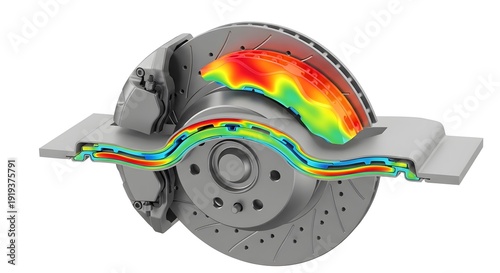 3D rendering of a car disc brake system on a white background, featuring a thermal heat map to visualize friction and temperature during braking