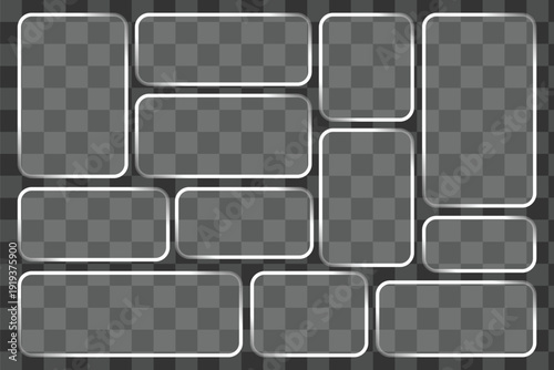 Sleek Transparent Liquid Glass Panel with Gradient Light Effects.  Realistic Glass morphism UI Frames and Buttons Set, Modern Text Box Elements on Transparent Background.  Modern web user interface. 