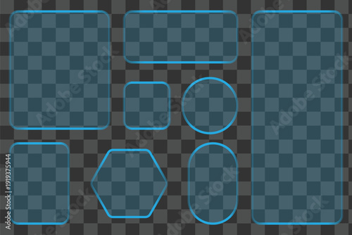 Sleek Transparent Liquid Glass Panel with Gradient Light Effects.  Realistic Glass morphism UI Frames and Buttons Set, Modern Text Box Elements on Transparent Background.  Modern web user interface. 