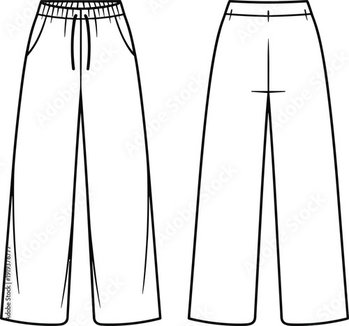 Wide leg women's elastic waist lounge pants front and back with drawstring pockets clean technical fashion flat for tech pack upload, cad drawing flat vector illustration