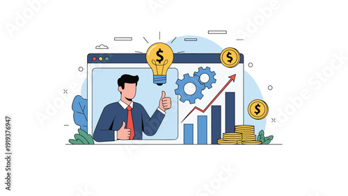 Confident businessman giving a double thumbs up in a digital window surrounded by light bulbs, gears, coins, and a rising growth chart.
