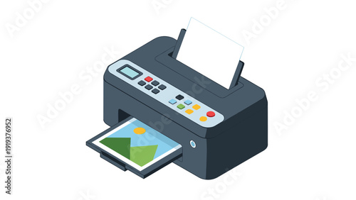 Modern office printer shown in isometric perspective with a freshly printed color photograph of a mountain landscape on the exit tray.