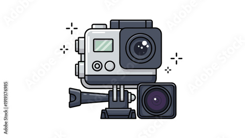 Compact action camera in protective housing shown with a secondary display or remote control unit and sparkling decorative icons.