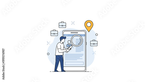 Recruitment concept showing a person using a large magnifying glass to search and evaluate candidate profiles on a giant smartphone screen.