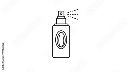 Simple line icon of a spray bottle or perfume container with a fine mist being dispensed from the nozzle in three dashed lines.