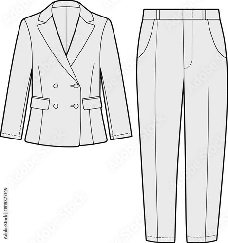 Double breasted blazer and high waist trousers flat sketch, vector fashion illustration of formal womenswear suit design front view