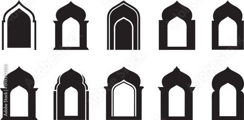 Islamic mosque arches set black and white flat design vector illustration scalable art