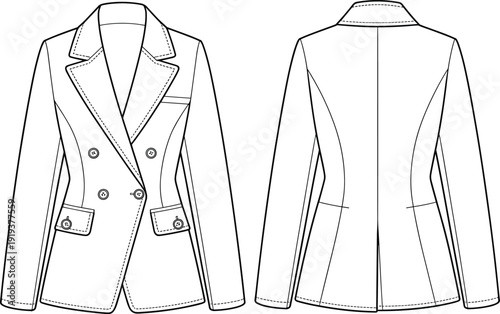 Double breasted blazer, tailored women's coat, fashion flat sketch, front and back view, technical drawing, stylish jacket vector design