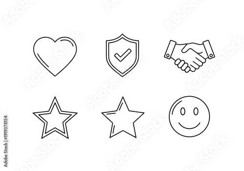 Set of Six Outline Icons Showing Approval Agreement Security Trust and Emotion Symbols for User Interface Elements
