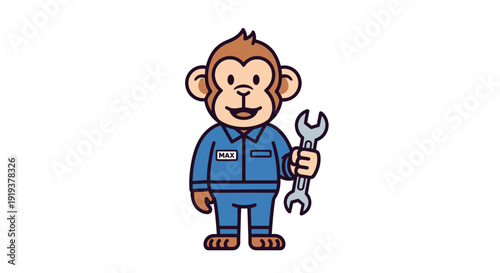 Cartoon monkey mechanic holding a wrench in blue overalls.