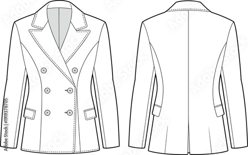 Double breasted women blazer flat sketch, tailored fit with flap pockets, lapel collar, fashion cad drawing front and back view