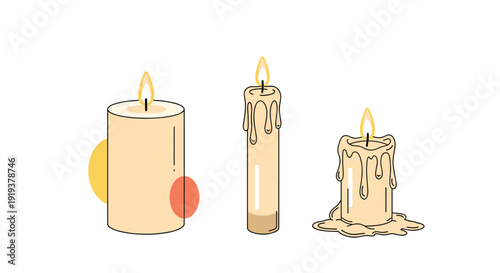 Three burning wax candles of various shapes and states of melting shown in a warm and cozy colored illustration.