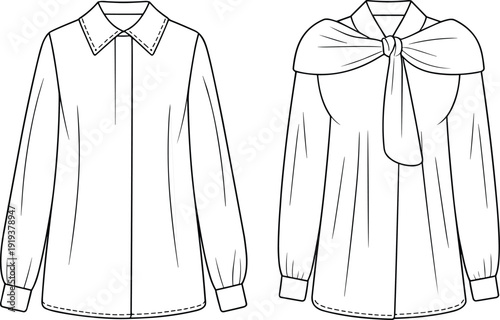 Women blouse front view flat sketch, fashion shirt CAD drawing, long sleeve top with collar and bow detail, vector illustration design