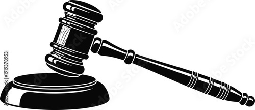 Judge gavel silhouette vector illustration, wooden auction hammer isolated on white background, law court justice authority symbol design