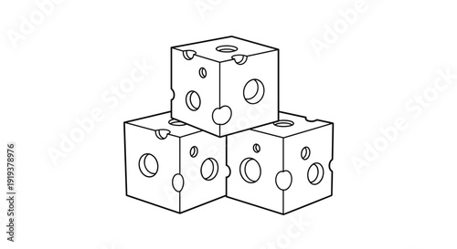 Three isometric cubes of swiss cheese with large holes stacked in a small pile shown in a simple black and white line art drawing.
