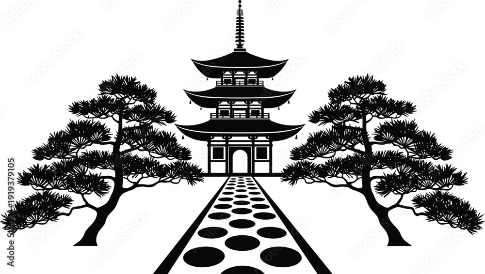 Εκτύπωση καμβά Japanese pagoda temple silhouette with pine trees and stone pathway, traditional