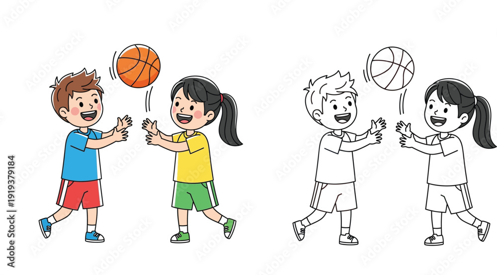 Naklejka premium Cute little boy and girl playing basketball. Cartoon vector illustration with black and white line art coloring page version.