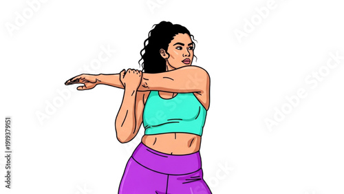 High-quality black outline colorful illustration of a plus-size athlete stretching before a workout, promoting strength, body positivity, and representation