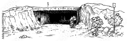 Ancient Cave Entrance in Desert Canyon Landscape Hand Drawn Sketch Illustration