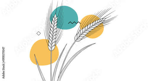 Golden wheat stalks with geometric and organic colored background shapes create a contemporary and artistic representation of agriculture themes.