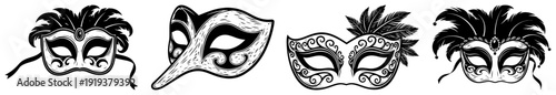 Venetian Carnival Masks Collection with Decorative Ornaments and Feathers Retro Sketch