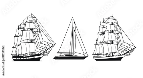 Three different types of sailing ships including tall ships with multiple sails and a modern yacht shown in silhouette.