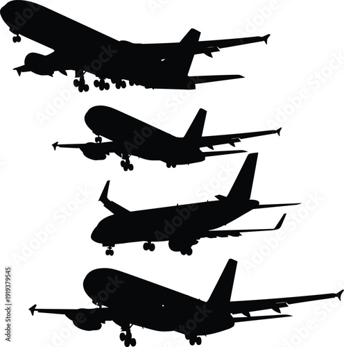 Passenger airplane silhouettes collection, commercial jet aircraft landing and takeoff vector illustration isolated on white background
