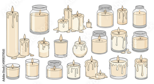 Large set of cream-colored candles including wax pillars, dripping tapers, and candles in various glass jars and votives.