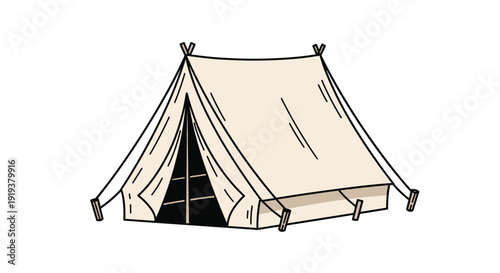 Simple canvas camping tent with triangular shape and wooden poles setup for outdoor adventure, travel, and leisure activities.