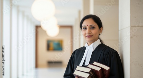 Indian Female Lawyer Holding Law Books in Modern Court Building