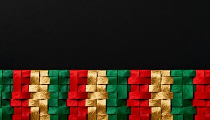 Woven ribbons in red green and gold on black background. Black History Month and Juneteenth celebration concept. Flat lay composition with copy space for text