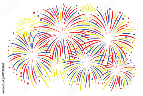 Colorful firework explosion with red blue and yellow sparks on transparent background festive celebration event pyrotechnics vector design